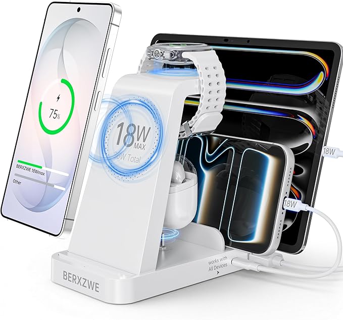 Wireless Charger for Samsung: 5 in 1 Samsung Wireless Charging Station for Galaxy S26Ultra/S25/S24, Charger Dock Stand for Galaxy Watch8/7/6/5, Android Charging Station for All USB-C Buds, White
