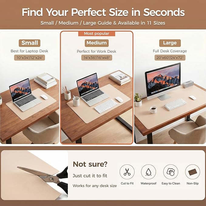 1.6mm Thick Leather 24x60 Inch Non-Slip Mat, Waterproof Countertop Protector, Oversized Kitchen Island Cover/Computer Desk Pad, Warm Beige