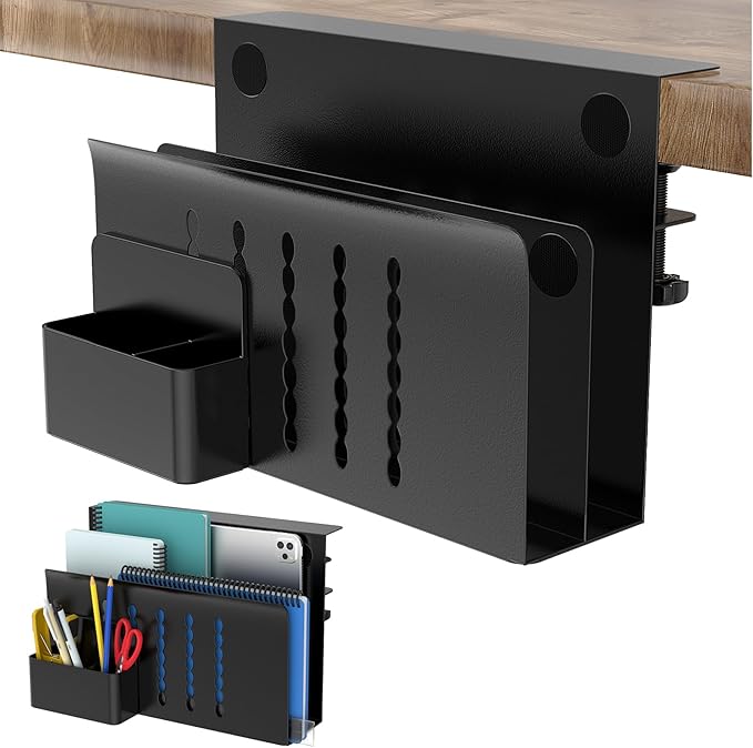HAMOPY Desk Side Storage, 2 Tier Steel Hanging Desk Organizer with Magnetic Pen Holder, No Drilling Standing Desk Drawer Cable Management Tray, Under Desk Laptop Holder for Office, School&Home (Black)