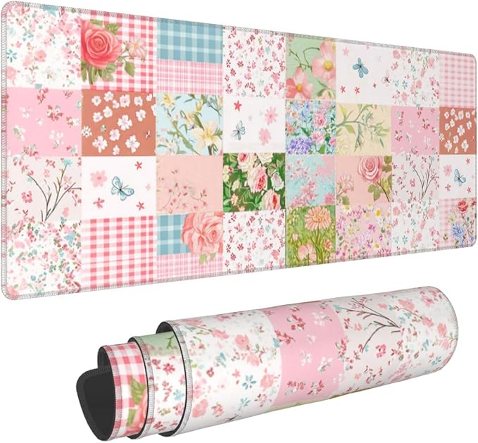 Patchwork Floral Mouse Pad 31.5 X 11.8 Inch Big Desk Rubber Base Stitched Edges Keyboard Pad XXL Mouse Mat for Home Game and Office