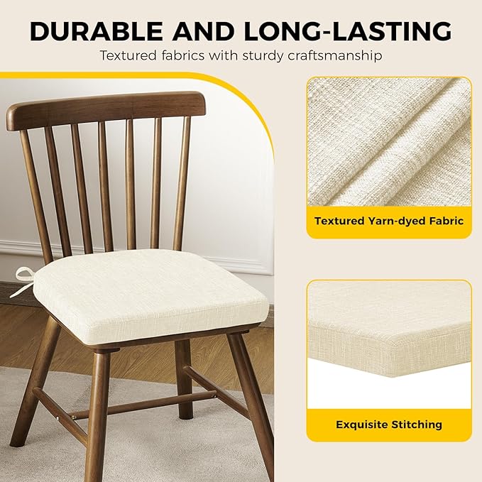 downluxe Indoor Chair Cushions for Dining Chairs, Soft and Comfortable Textured Foam Kitchen Chair Pads with Ties and Non-Slip Backing, 16" x 16" x 2", Beige, 2 Pack