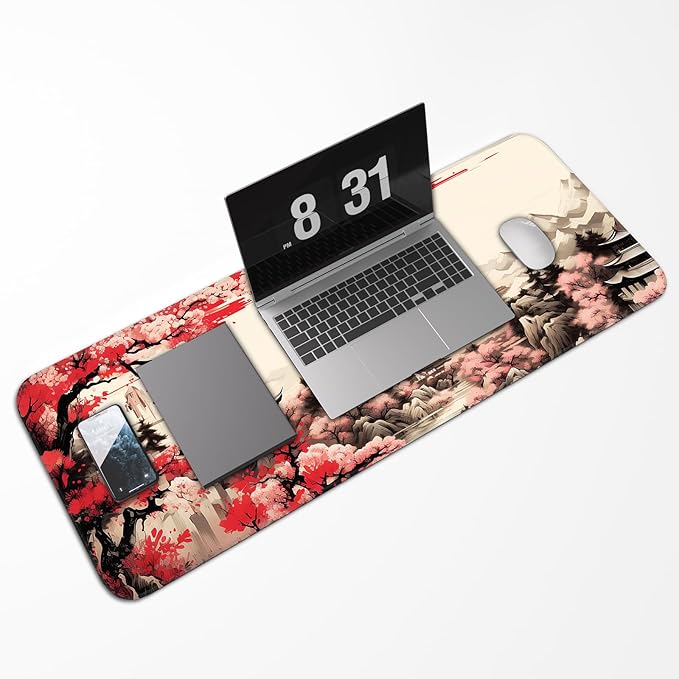 Japanese Sakura Gaming Mouse Pad, Non-Slip Rubber Base, Stitched Edges, for Office, Gaming, Home, 31.5x11.8 Inch, Desktop Decoration