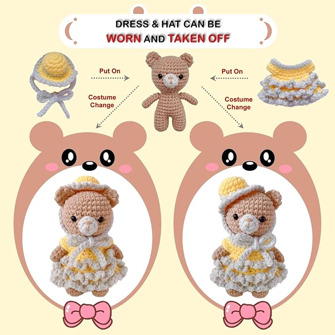 LoopMap Amigurumi Crochet Kit for Beginners with Removable Dress & Video Tutorials, DIY Bear Making Kit Includes Premium Yarn & Tools, Creative Gift for Adults Teens (Yellow)
