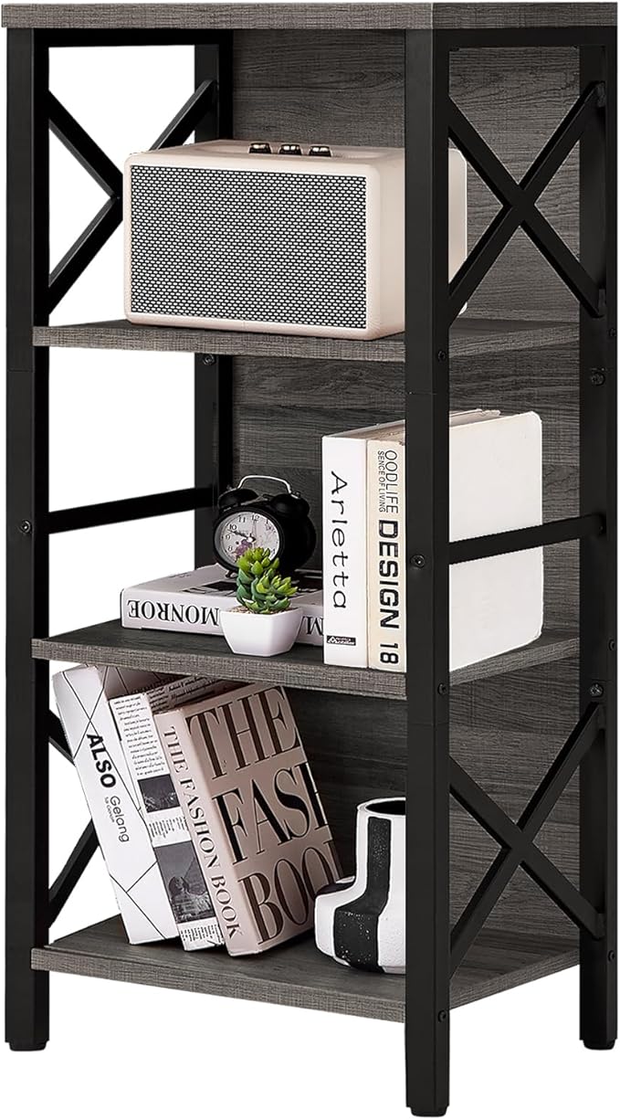 MNEETRUNG Small Bookshelf,4 Tier Industrial Bookcase with Metal Frame and Backboard,Narrow Rustic Gery Book Shelf,Book case for Small Spaces,Living Room,Bedroom and Home Office