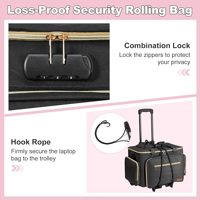 Housolution Rolling Teacher Bag with Wheels, Fits for 17" Laptop, Teacher Tote Bag with Detachable Trolley, Laptop Work Case with Anti Theft Lock, Briefcase Cart with Accordion File Organizer, Black