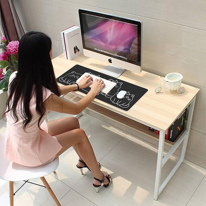 Cute Black Cat Large Mouse Pad Desk Mat, 27.5x11.8in Minimalist Line Art Kitten Extended Keyboard Mousepad with Stitched Edges,Desk Pad Non-Slip Waterproof Rubber Base for Office, Computer & Laptop