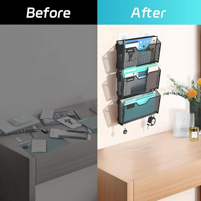 SUPEASY Wall File Organizer 6 Pack, Magnetic Mesh Wall File Holder with Hooks and Label Panel, Wall Mounted Mail Organizer for Office, Home, Classroom, Letter Size and A4 Files