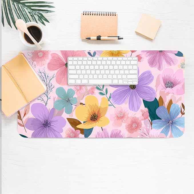 Desk Mat Large Mouse Pad, Non-Slip PU Leather Gaming Mousepad Keyboard Mouse Mats Desk Pads 31.5"x15.7" for Work Office Decor Gifts Pink Floral