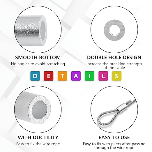 50Pcs Wire Rope Stop Sleeves, 3/16 Inch (5mm) Aluminum Crimping Loop Sleeve Round Cable Stop Sleeve for Wire Rope