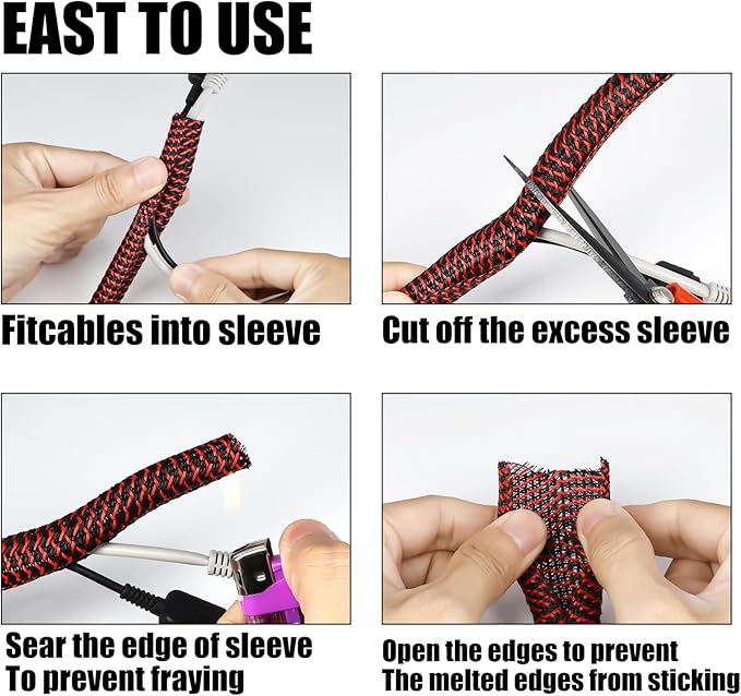 10ft PET Braided Cable Sleeve 2/3 inch(16mm) Wire Protector Cable wrap Wire Covers for Cords Cable Sleeves Cord Management Cable Management Sleeve(Red Black)