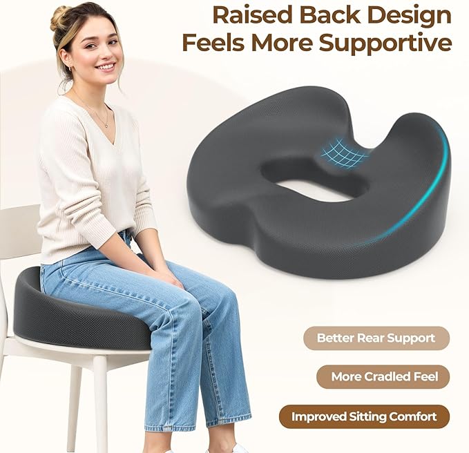 TushGuard Ergonomic Donut Pillow Seat Cushion with Raised Rear Support, Large Memory Foam Cushion for Tailbone, Hemorrhoids & Sciatica Relief, Office Chair, Car, Travel, Postpartum, Grey