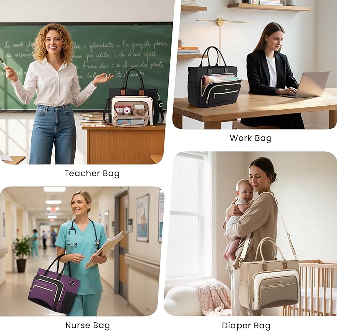 LOVEVOOK Teacher Tote Bag for Women,Laptop bag with Large Cup Holder,Work bag with Accordion File Organizer Pocket,Multi-Pockets Professional Diaper Bag Nurse Bag,Handbag Purse for Work,College,Daily