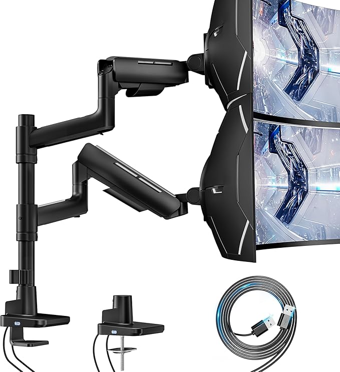 ARES WING Dual Monitor Mount for 17-49 Inch Ultrawide Heavy Duty Curved Screen Stacking, Computer Monitor Arm Desk Mount with USB, Gas Spring Adjustable Vesa Stand, Black