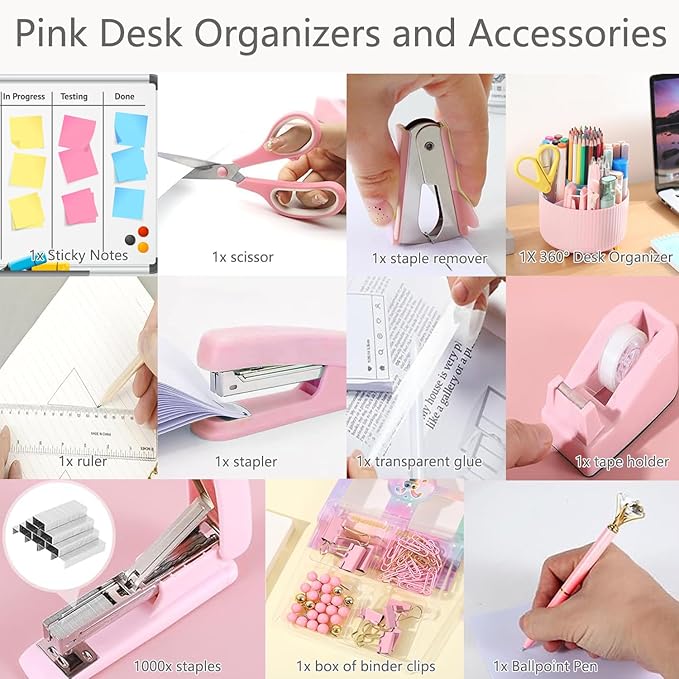 Office Supplies,School Supplies,Black Desk Accessories,Desk Organizer,Scissors,Stapler,Tape Dispenser,Binder Clips,Staples,Staple Remover,Sticky Notes,Clear Tape,Pen,Ruler,Best Gift,11pcs