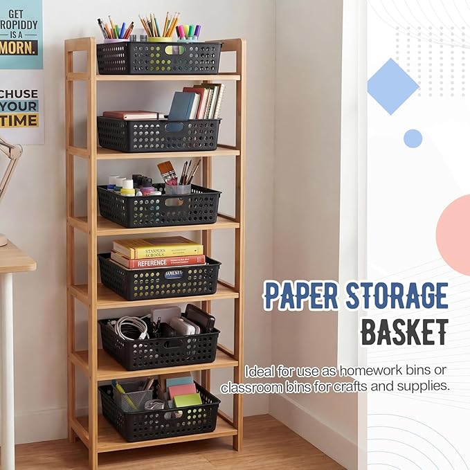 Geetery 6 Pack Classroom Storage Baskets with Handle 14''x10'' Paper Tray Holds A4 Turn in Trays Plastic Paper Baskets Desk Organizer Bin for Classroom, Library, Office, Home (Black)
