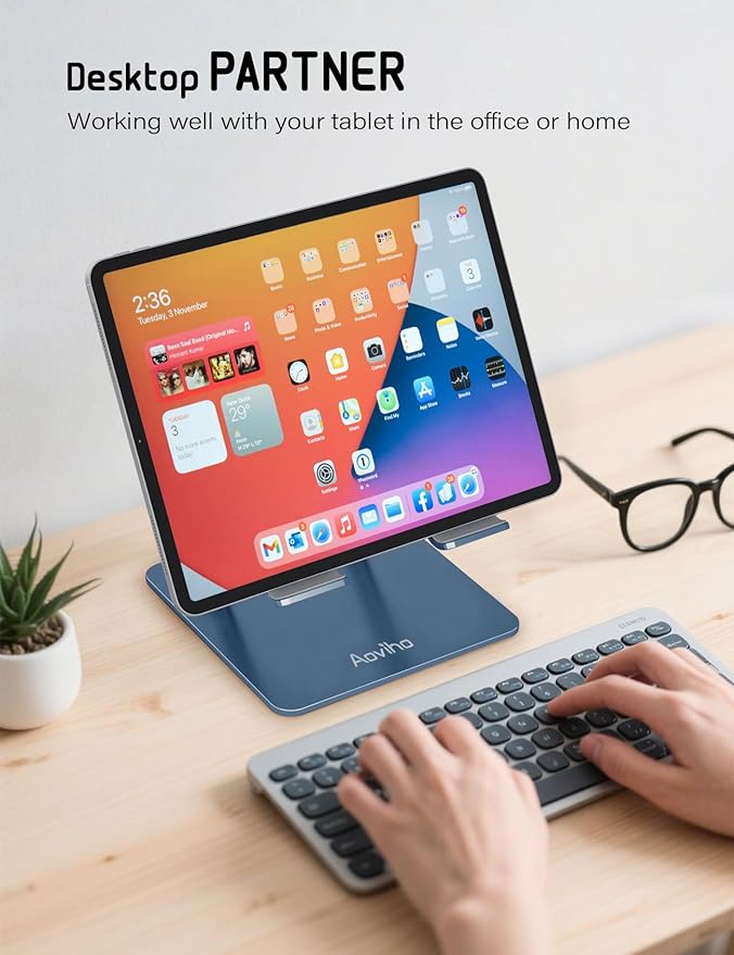 Aoviho Tablet Stand Holder for Desk Adjustable Tablet Holder - Foldable Aluminum Desktop Tablet Holder for iPad Samsung Galaxy Tabs Amazon Kindle Fire,All Tablets 4-12 inch,Navy Blue