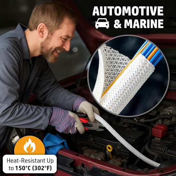 MGI SpeedWare Braided Split-Sleeve White Wire Loom for High-Temperature Automotive Harness and Home Cable Management 10 feet (1/8")