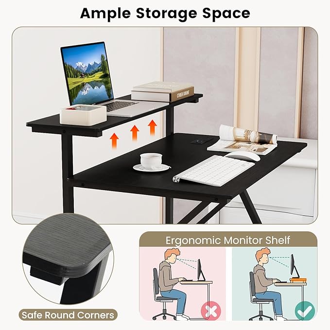 Tangkula Rolling Computer Desk Cart with Power Outlets, 32" Mobile Portable Laptop PC Desk with Monitor Stand, CPU Stand & Storage Shelf, Compact Small Desk on Wheels for Small Space (Black)