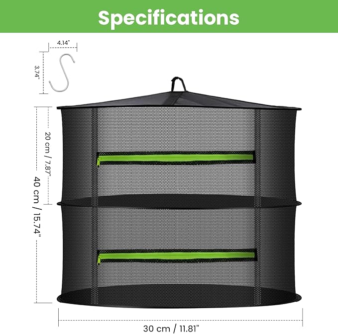 MEKOLIFE 2 Layer Herb Drying Rack, Collapsible Mesh Drying Rack, Small Hanging Drying Net with Green Zipper & Hooks, Indoor Outdoor for Drying Herbs, Socks, Underwear, Seafood & Camping Food (11.81")