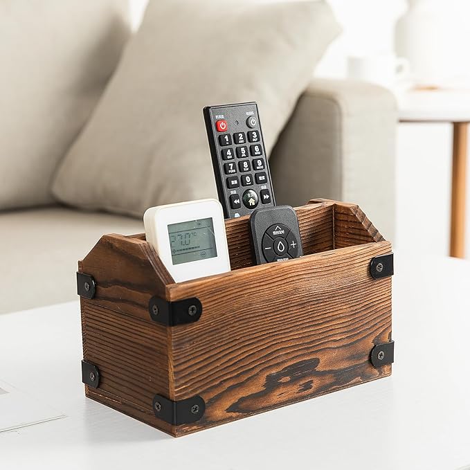 Brown Torched Wood Remote Control Organizer Burnt Wooden Tabletop Storage Caddy Two Compartment Holder TV Game Consoles Cell Phone Kitchen Utensils Office Supplies Living Room Home Bedroom