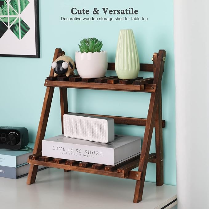 Jotsport 2 Tier Tabletop Plant Stand Step Style Desktop Storage Organizer Wood Display Shelf Decorative Storage Rack, Foldable Small Plant Shelf