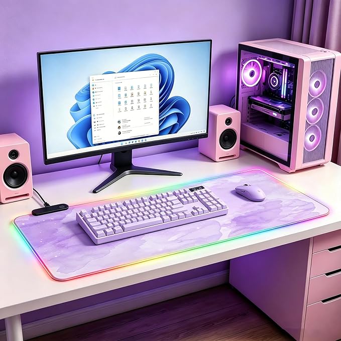 RGB Large Gaming Mouse Pad, Extended Mouse Pad with 12 Lighting Effects, Water Proof Mutispandex Surface, Non-Slip Rubber Base, 80x30 cm / 31.5×11.8 in (Purple Nebula)