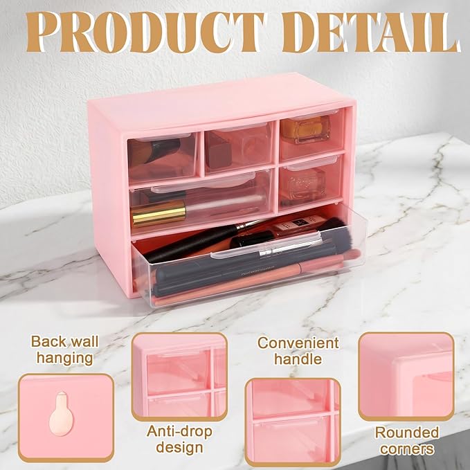 Briwooody 6 Pack Craft Drawer Organizer with 6 Clear Drawers 7.09" X3.94" X4.72" Stackable Suspension, Small Storage Drawers for Office, Classrooms, and Home Desk Organization, Pink