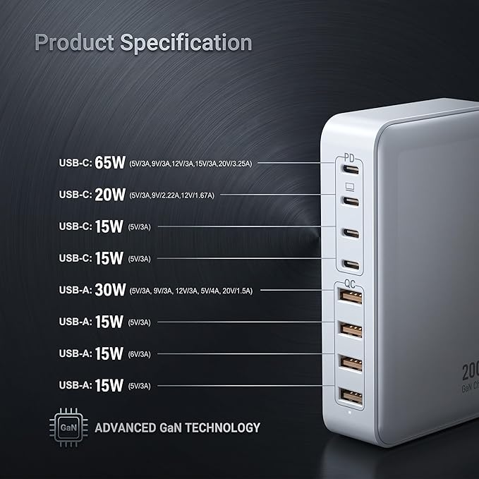 200W USB C Charger USB C Charger Block,Upgraded GaN III 8-Port Fast Charging Station Hub,PD 65W Laptop Charging Adapter Compatible with MacBook Pro/Air,DELL,Steam Deck,iPhone 16/15/14,Galaxy S23/22