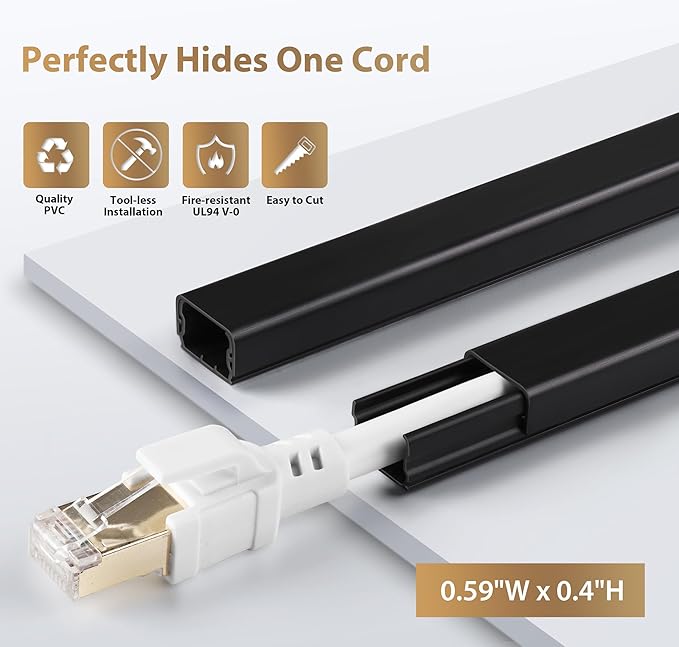 ZhiYo Cord Hider for One Wire, 102in Cable Hider Concealer, Paintable Wall Wire Covers, PVC Cable Management Raceway for A Thick Extension Cord, W0.59 H0.4in, Black