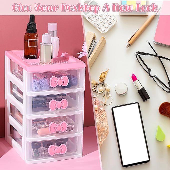 Girls Cute Lovely Color Storage Box Makeup Organizer with 4 Layers, Cute Storage Cabinet Box with Bow Handle, Desktop Storage Box for Home Bedroom Bathroom Women Girl Gifts (Pink)