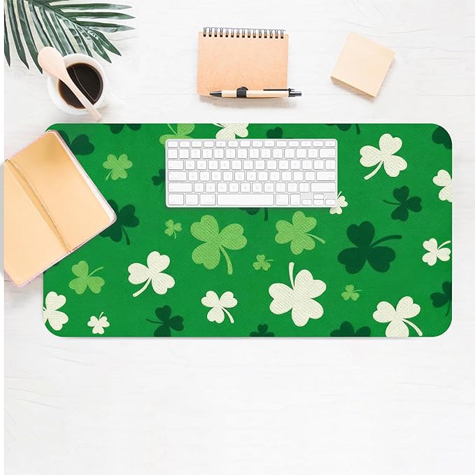 Green Clover Mouse Pad PU Leather Desk Mat Large Waterproof Gaming Pad Non-Slip Keyboard Mouse Pad Writing Pad for Gamer Office&Home