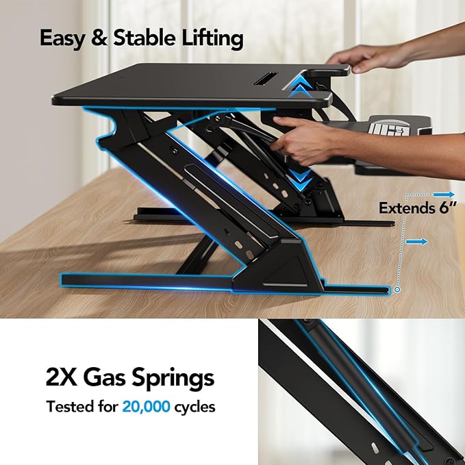 HUANUO 32" Z Shaped Stable Standing Desk Converter, Height Adjustable Sit Stand Up Desk Riser, Dual Monitor and Laptop Workstation with Wide Keyboard Tray, Desk Lifter for Home Office,Black