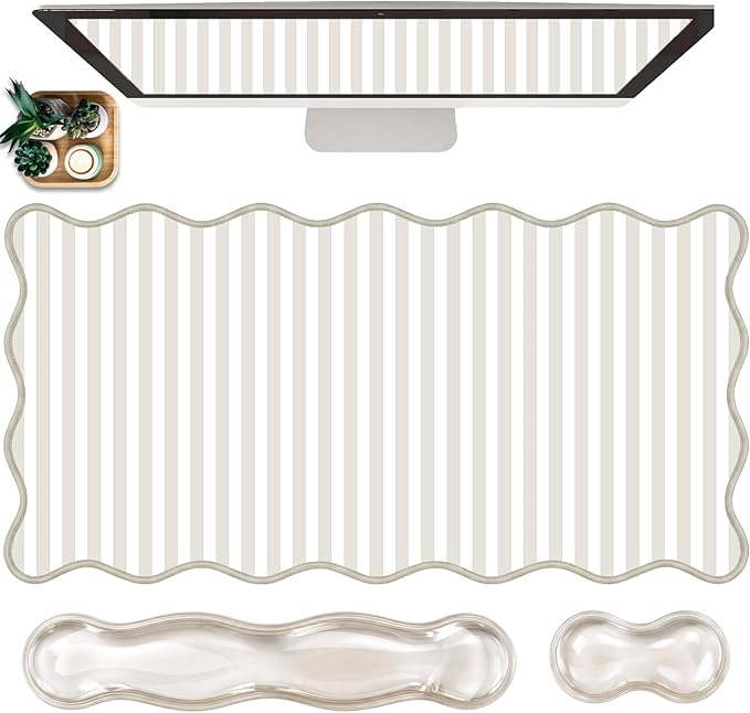 Scalloped Desk Mat with Gel Wrist Rest for Keyboard and Mouse Extended Cute Beige Mouse Pad XXL Striped Mousepad Stripe Desk Pad Mouse Wrist Support forComputer Laptop Home Office 31.5X15.7Inch