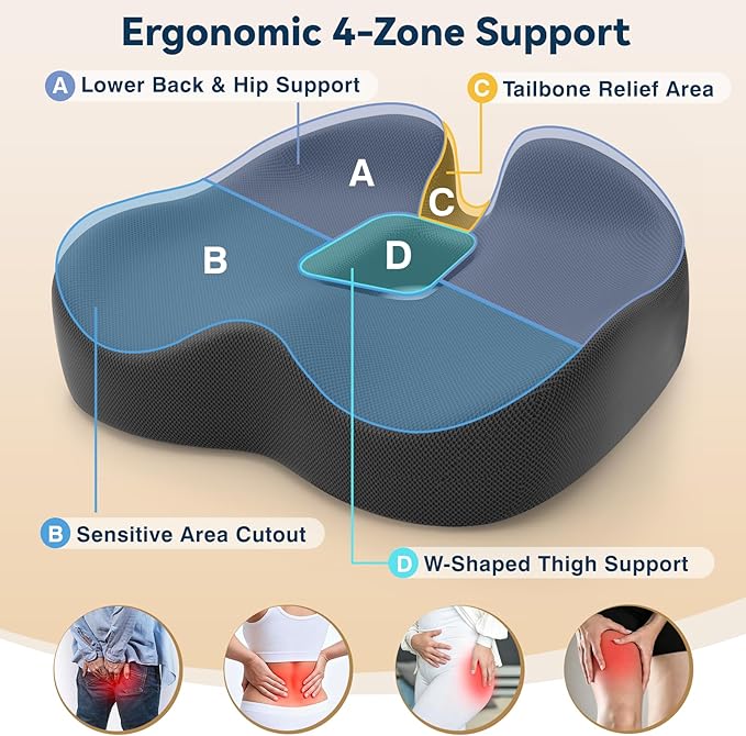 TushGuard Ergonomic Seat Cushion with Coccyx Cutout - Memory Foam Office Chair Cushions for Tailbone Pressure Relief, Non-Slip Chair Pad with Washable Cover for Car, Office, Wheelchair, Grey