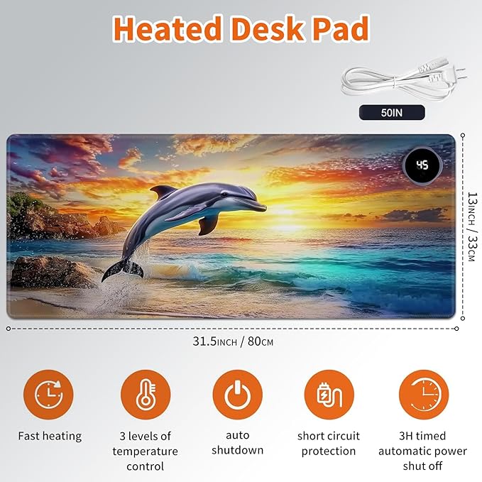 Heated Mouse Pad,Warm Desk Pad with 3 Levels Heating & 3 Hours Auto Shut-Off, PU Leather Heated Desk Pad Warmer Pad for Home Office - 31.5 x 13 inch,Jumping Dolphins