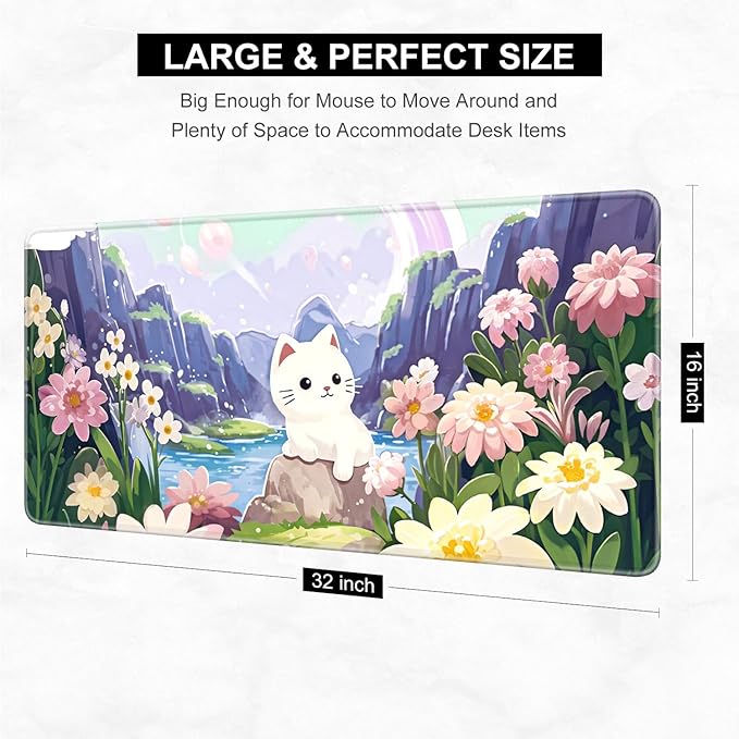 Desk Pad, 32" x 16" XXXL Extended Large Gaming Mouse Pad, Desktop Decor Desk Mat, Men Women Office Supplies and Accessories, Cute Anime Mouse Mat for Laptop & Keyboard, Cute Cat