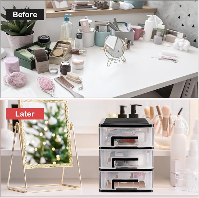 Plastic Stacking Desktop Storage Drawers 3-Drawer Storage Organizer, Small Organizer Box Makeup Container Case for Home Office Stationery Jewelry and Cosmetics