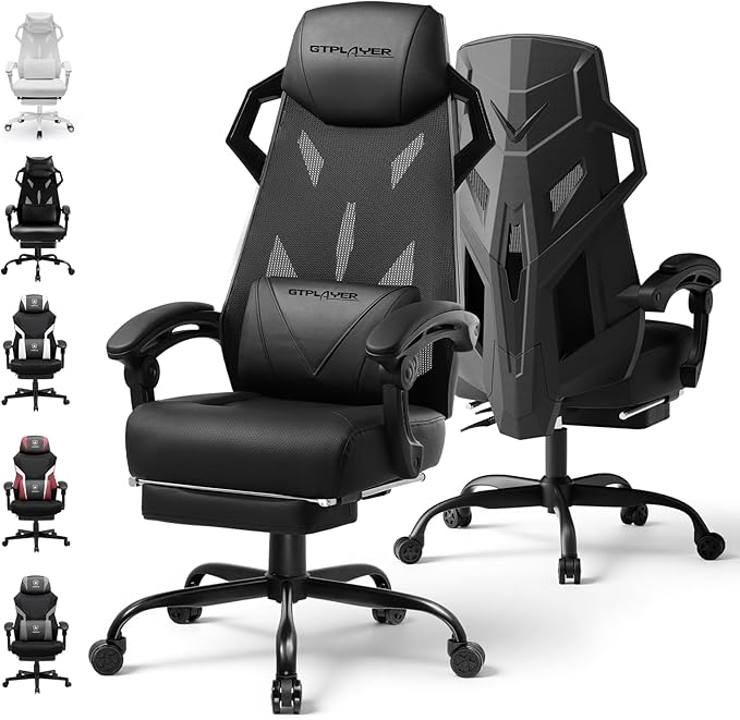GTPLAYER Computer Chair with Adjustable Footrest, Ergonomic Gaming Chair with Headrest and Lumbar Support, Breathable Mesh Office Chair for Adults, High Back Reclining Desk Chair for Gaming and Office