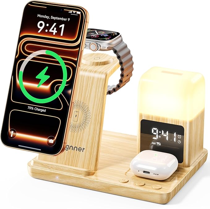 6 in 1 Wireless Charging Station with Clock & Night Light，Alarm Clocks for Bedrooms,Wireless Charger Stand with Beside Clock for iPhone 17/16/15/14/13/12 Pro Max, Apple Watch,Airpods (Wood)