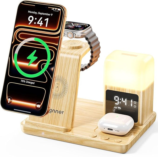6 in 1 Wireless Charging Station with Clock & Night Light，Alarm Clocks for Bedrooms,Wireless Charger Stand with Beside Clock for iPhone 17/16/15/14/13/12 Pro Max, Apple Watch,Airpods (Wood)