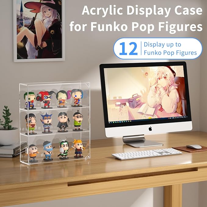 AITEE Acrylic Display Case for Mini Funko Pop Figures, Clear Wall Mounted or Desktop 3 Layer Storage Cabinet Organizer for Mini Figures,Collections,Dustproof Display Case for Toys Rock Stone