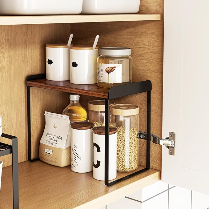 Mitus Shelf Organizer and Storage, Tiered Wood Cabinet Rack for The Kitchen Counter, Bathroom Counter, Pantry Cupboard, Office Desk Bookshelf, 12" Wide Walnut Brown and Black (Large)