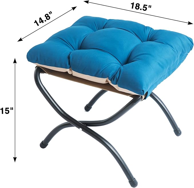 15" Folding Foot Stool for Patio, Small Accent Outdoor Ottoman, Metal Frame Foldable Foot Rest, Upholstered Morden Folding Footstool for Home Living Room Bedroom Washable Sapphire
