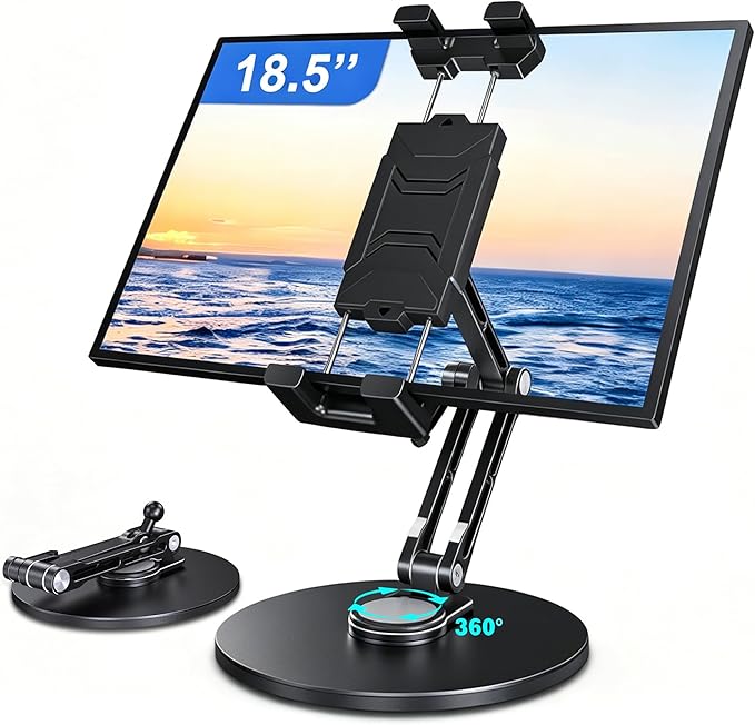 CreaDream iPad Stand for Desk, Portable Monitor Stand with Large Clamp up to 18.5", Tablet Stand Arm Holder with Heavy Duty 360° Rotating Base for 4.7"-13" Tablets, iPad Pro/Air/Mini