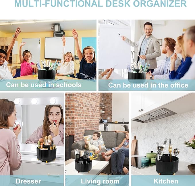 Cayxenful Pencil Holder For Desk,5 Slots 360°Degree Rotating Desk Organizers And Accessories,Desktop Storage Stationery Supplies Organizer, Cute Pencil Cup Pot For Office, School, Home (H-Black)