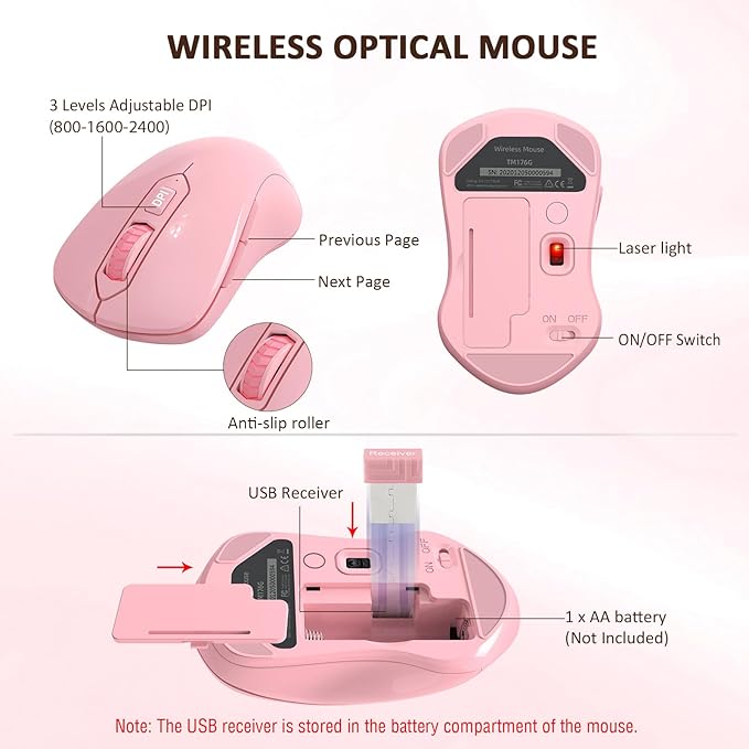 Wireless Keyboard and Mouse Combo, EDJO 2.4G Full-Sized Ergonomic Computer Keyboard with Wrist Rest and 3 Level DPI Adjustable Wireless Mouse for Windows, Mac OS Desktop/Laptop/PC (Pink)