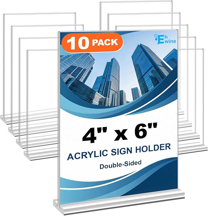 EHWINE 10 Pack Acrylic Sign Holder 4x6, Double-Sided Stand up Table Top Sign Holders, Clear Acrylic Picture Frame Paper Holder Display Stand for Office Business Store Wedding Party