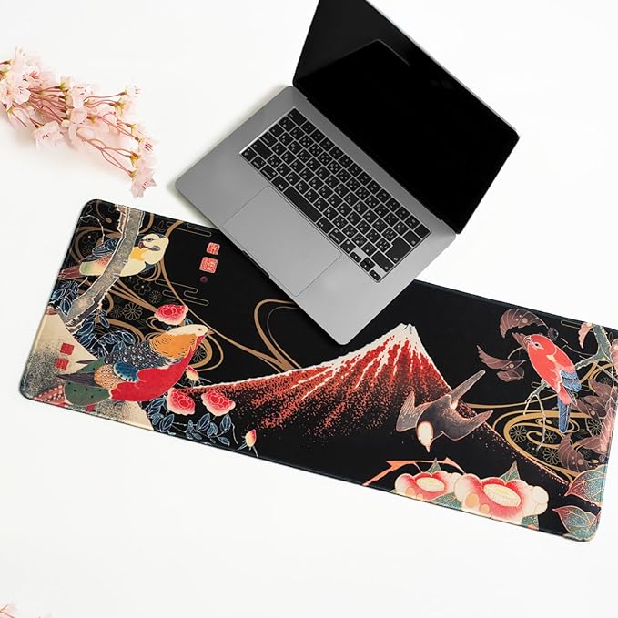 BELLEMOND Japanese Art Desk Mat | Large 31.5x11.8in Anime Mouse Pad for Keyboard & Mouse | Non-Slip Base, Water-Repellent | Original Japanese Design | Crimson Wings Over Fuji