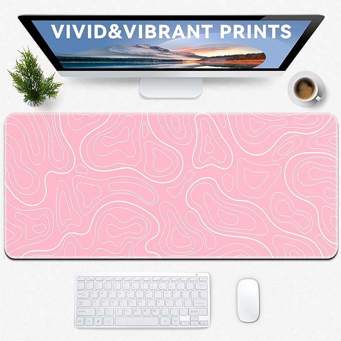 Gaming Mouse Pad Big Mousepad with Non-Slip Rubber Base, 31.5 x 11.8 in XL Large Desk Mat for Gaming Home Office, Long Keyboard Pad Mouse Mat for Computer with Stitched Edges, Pink Topographic