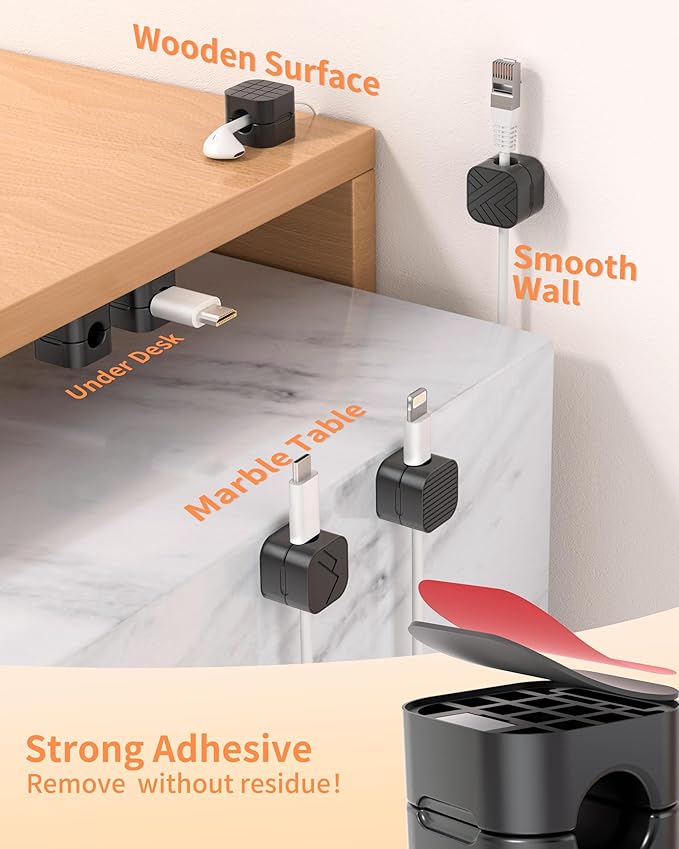 9Pack Cable Organizer Clips, Magnetic Cable Holder (1s Lock), XOVRAETH Strong Adhesive Wire Management for Desk, Nightstand, Living Room, Kitchen, Office, Car(Blacks)